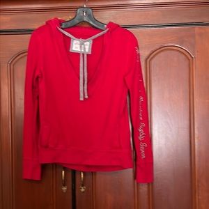 Aeropostale Red Lettered Sleeve Pullover V Neck Hoodie Size SP